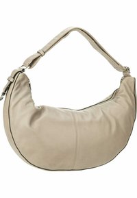 Beżowa skórzana torba na ramię o zaokrąglonym kształcie, gładkiej fakturze i kontrastowym czarnym wykończeniu. Posiada jeden regulowany pasek.