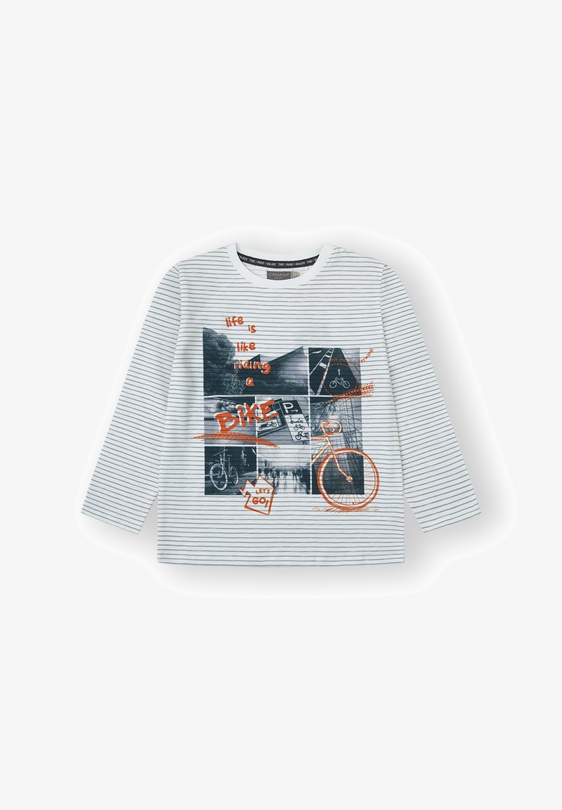 Camisa de manga larga con rayas horizontales grises y blancas, que presenta un collage de gráficos con temática de bicicletas en negro y naranja.