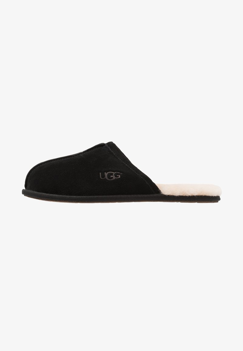 Black suede slip-on slipper with a soft cream-colored fur lining and black rubber outsole. Features the UGG logo on the side.