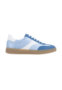 Blaue und weiße Sneaker mit glattem Lederobermaterial, Wildlederakzenten, einer strukturierten Sohle und einem klassischen Schnürdesign.