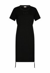 Black short-sleeve dress in a fitted design, featuring a round neckline and drawstring detail at the hem for adjustable length.