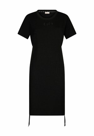 Black short-sleeve dress in a fitted design, featuring a round neckline and drawstring detail at the hem for adjustable length.