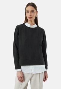 Black ribbed sweatshirt with a round neckline and long sleeves, layered over a white collared shirt, set against a plain background.