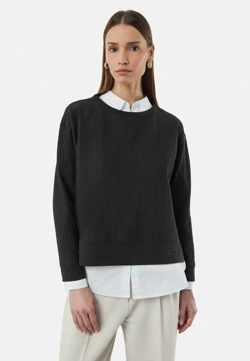 Black ribbed sweatshirt with a round neckline and long sleeves, layered over a white collared shirt, set against a plain background.