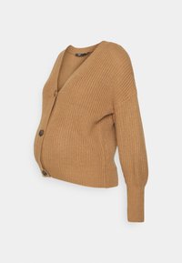 Cardigan lavorato a maglia in un caldo colore beige, con scollatura a V profonda, chiusura con bottoni e polsini e orlo a coste per una maggiore struttura.