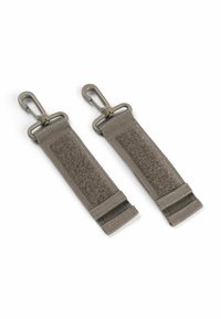 To grå stofremme med krogklips og velcrolukninger, designet til fastgørelse og sikker holdning.