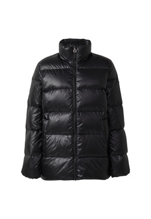 Zwarte pufferjack met een hoge kraag, ritssluiting en horizontaal geborduurd patroon. Gemaakt van glanzend, waterafstotend materiaal. Lichtgewicht ontwerp.