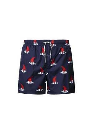 Herren-Badehosen in Marineblau mit einem spielerischen Gnome-Design in Rot und Weiß. Hergestellt aus leichtem Stoff, mit elastischem Bund und Kordelzug.