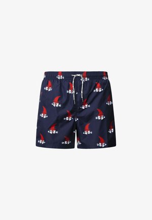 Vyrų maudymosi šortai tamsiai mėlyni su žaismingu raudonos ir baltos spalvų nykštuko raštu. Pagaminti iš lengvos medžiagos, su elastingu liemeniu ir raišteliu.