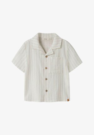 Chemise à manches courtes beige clair à boutons, avec des rayures verticales subtiles, une poche poitrine et un col campagnard.
