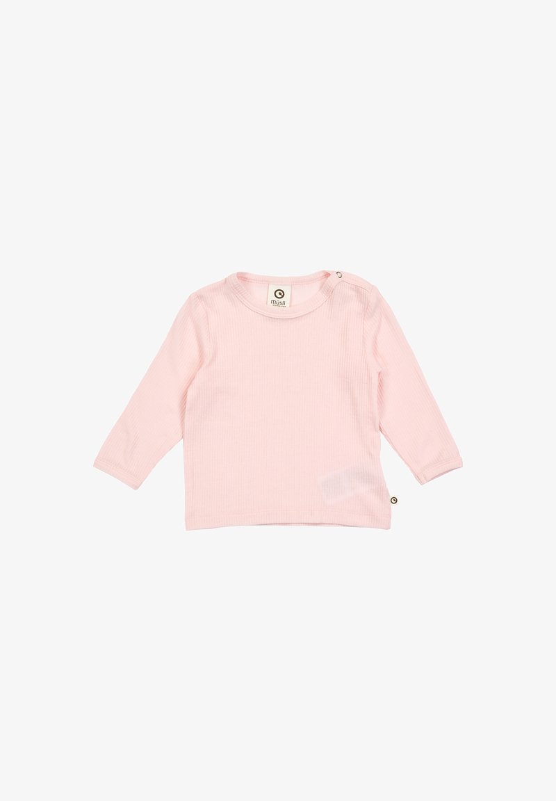 Světle růžová dlouhá košile s dlouhým rukávem vyrobená z žebrované látky; má kulatý výstřih a detail se snap button na rameni. Bez dalších zdobení.