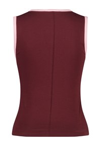 Sleeveless top in burgundy fabric with pink trim along the neck and armholes. Smooth texture with a fitted silhouette and central back seam.