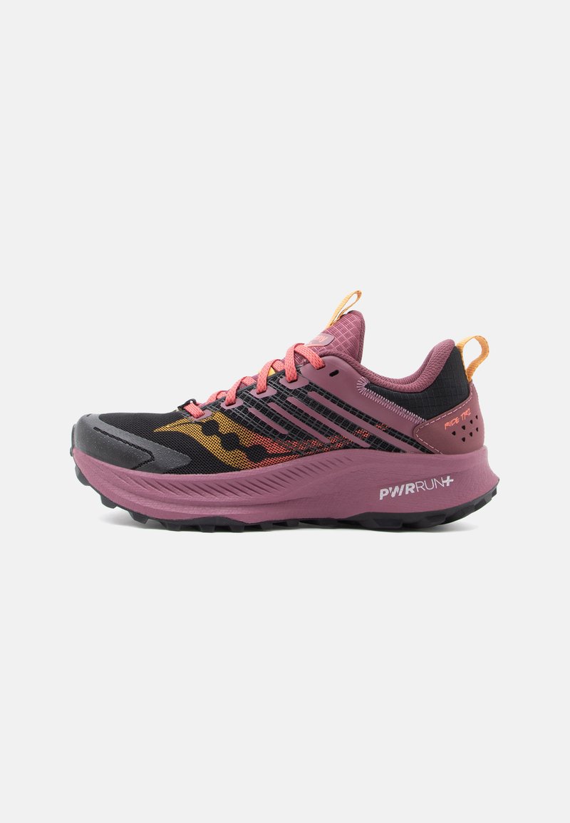 Trail running shoe in black, pink, and orange. Features a textured mesh upper, cushioned sole, and prominent tread pattern for grip.