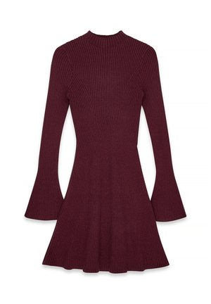 Burgunderfarbene Rippenkleid mit hohem Kragen, langen, ausgestellten Ärmeln und A-Linien-Schnitt, das durchgehend strukturierten Stoff aufweist.