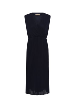 Robe midi noire sans manches avec décolleté en V, taille cintrée et détail de jupe plissée.