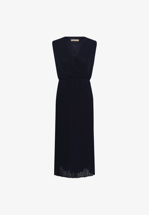 Robe midi noire sans manches avec décolleté en V, taille cintrée et détail de jupe plissée.
