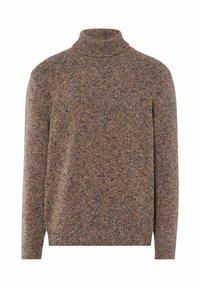Brauner Strickrollkragenpullover aus einem strukturierten, gesprenkelten Material. Verfügt über lange Ärmel und einen gerippten Kragen sowie Saum. Einfaches, unauffälliges Design.