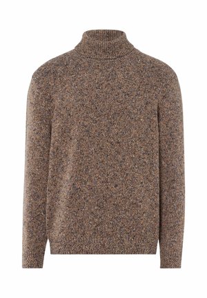 Brauner Strickrollkragenpullover aus einem strukturierten, gesprenkelten Material. Verfügt über lange Ärmel und einen gerippten Kragen sowie Saum. Einfaches, unauffälliges Design.