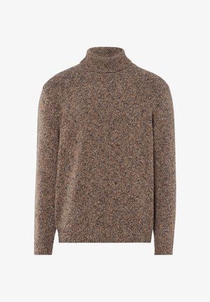 Maglione a collo alto in maglia marrone con un tessuto testurizzato e puntinato. Caratterizzato da maniche lunghe e un colletto e orlo a coste. Design semplice e privo di decorazioni.