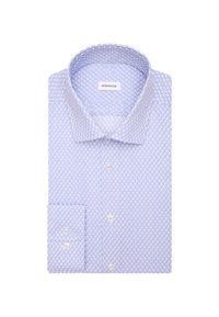 Lichtblauwe shirt met een wit geometrisch patroon, lange mouwen, button-down kraag en een enkele knoopmanchet. Het label zegt "seidensicker."
