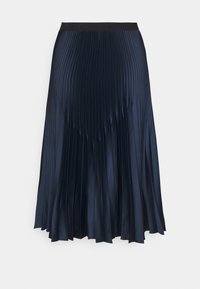 Fållad midikjol i mörk marinblå satin med vertikala veck, en elastisk midja och en flödande silhuett. Slen yta.