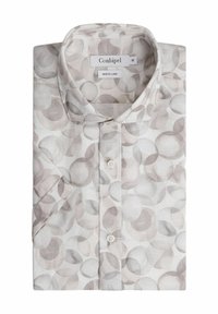 Camisa blanca con un patrón circular en tonos suaves de gris y beige. Presenta un cierre de botones en la parte delantera y un cuello doblado.