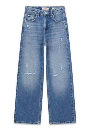 Jean bleu taille haute à jambes larges avec des zones usées sur le devant des cuisses, passants pour ceinture et poches avant.