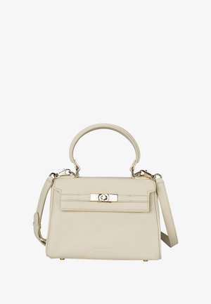 Creme læderhåndtaske med et struktureret design, top håndtag, aftagelig skulderrem og hardware i guldfarve. Har et frontlås.