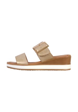 Women's wedge sandal in metallic gold leather. Features two adjustable straps and a white midsole. Textured outsole for grip.