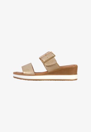 Women's wedge sandal in metallic gold leather. Features two adjustable straps and a white midsole. Textured outsole for grip.