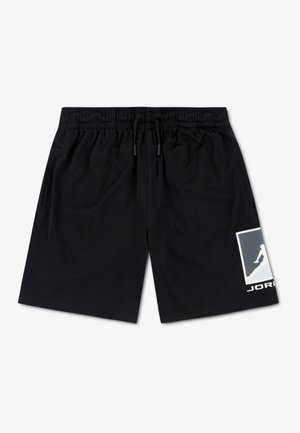 Shorts de sport noirs en tissu mesh avec une taille élastique et un cordon de serrage. Présentent un logo blanc en bas à gauche.