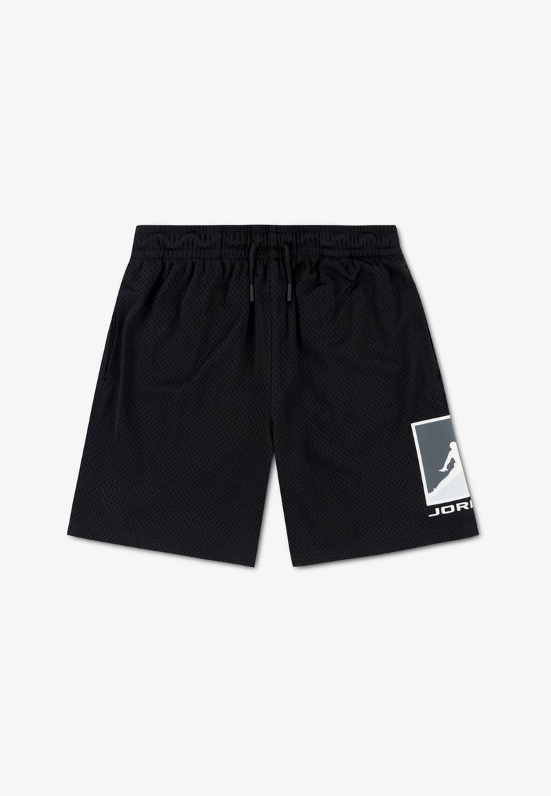 Shorts de sport noirs en tissu mesh avec une taille élastique et un cordon de serrage. Présentent un logo blanc en bas à gauche.