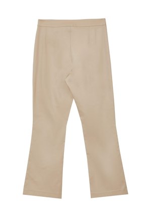 Beige, ausgestellte Hosen aus weichem Stoff. Sie zeichnen sich durch eine glatte Textur, Seitentaschen in der Seitennaht und ein einfaches Bunddesign ohne Verzierungen aus.