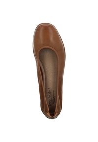 Brown leather slip-on shoe with a round toe, textured insole, and elastic side panels. Simple design with no visible hardware.