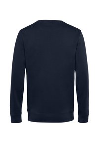 Felpa girocollo blu navy vista da dietro, con maniche lunghe e polsini e orlo a coste.