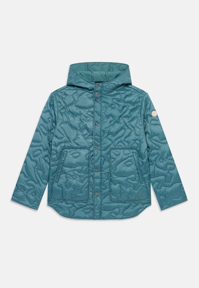 Quilted teal jacket with a hood, two front pockets, and snap buttons. Features textured pattern and a circular logo on the left sleeve.