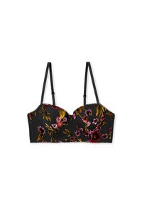 Sujetador negro con bordado floral, que cuenta con tirantes ajustables negros, aros y un borde festoneado en la parte superior. Textura suave de terciopelo.