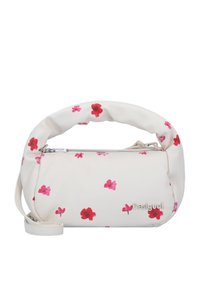 Witte handtas met een roze en rode bloemenpatroon, zachte afgeronde ontwerp, ritssluiting en een gewatteerde handgreep. Inclusief een verstelbare schouderriem.