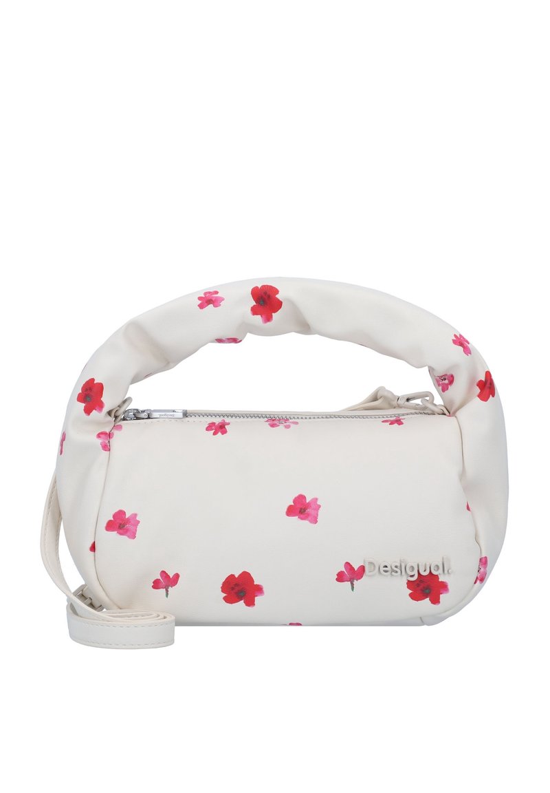 Witte handtas met een roze en rode bloemenpatroon, zachte afgeronde ontwerp, ritssluiting en een gewatteerde handgreep. Inclusief een verstelbare schouderriem.