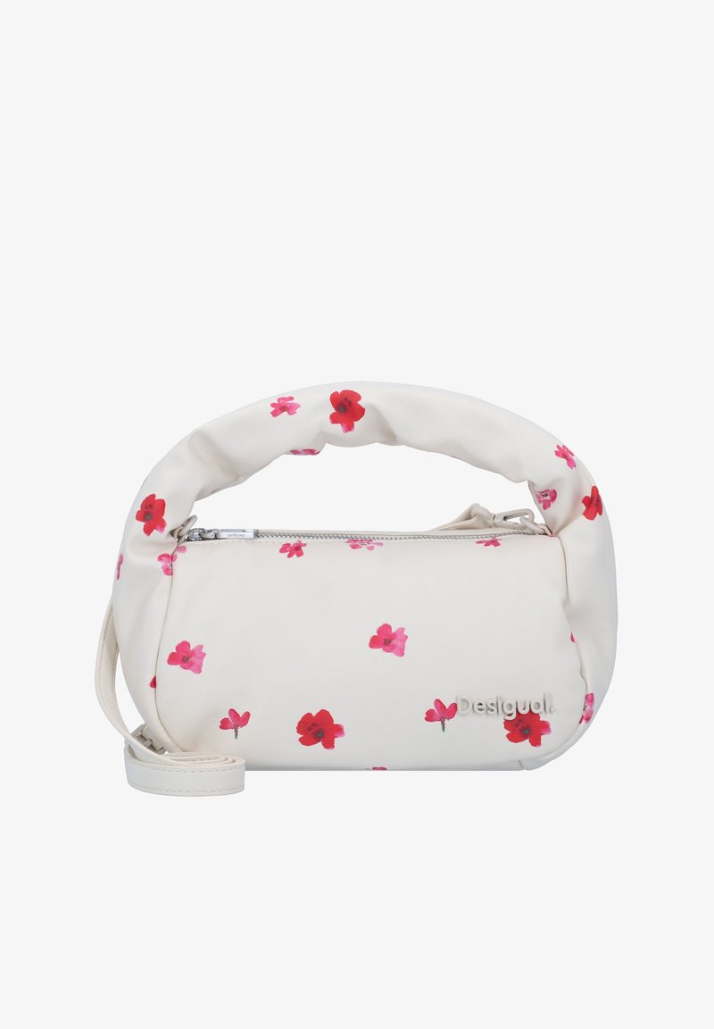 Witte handtas met een roze en rode bloemenpatroon, zachte afgeronde ontwerp, ritssluiting en een gewatteerde handgreep. Inclusief een verstelbare schouderriem.