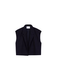 Merivärinen lyhyt liivi pystysuorilla raidoilla, rakenteelliset olkapäät, levenevä kaulus ja avoin etuosa. Valmistettu sileästä, teksturoidusta kankaasta.