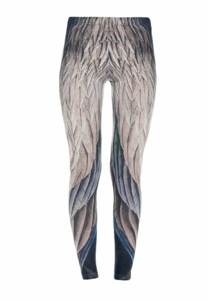 Leggings met een gedetailleerd veerpatter in tinten beige, grijs en blauw, met een zachte, gestructureerde stof en een nauwsluitend design.