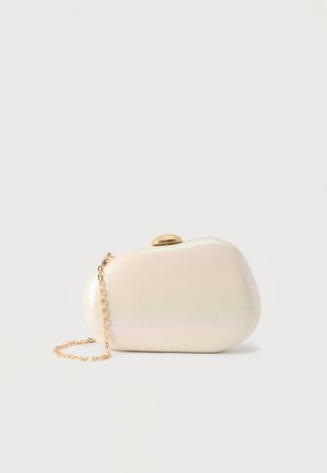 Small iridescent cream clutch purse with rounded edges and a short gold chain strap on a white background.