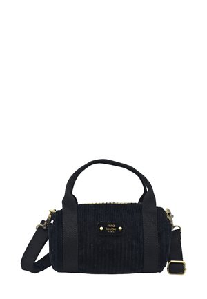 Sac à main en velours côtelé noir avec double poignées, bandoulière détachable, quincaillerie dorée et surface texturée. Comprend une étiquette de marque.
