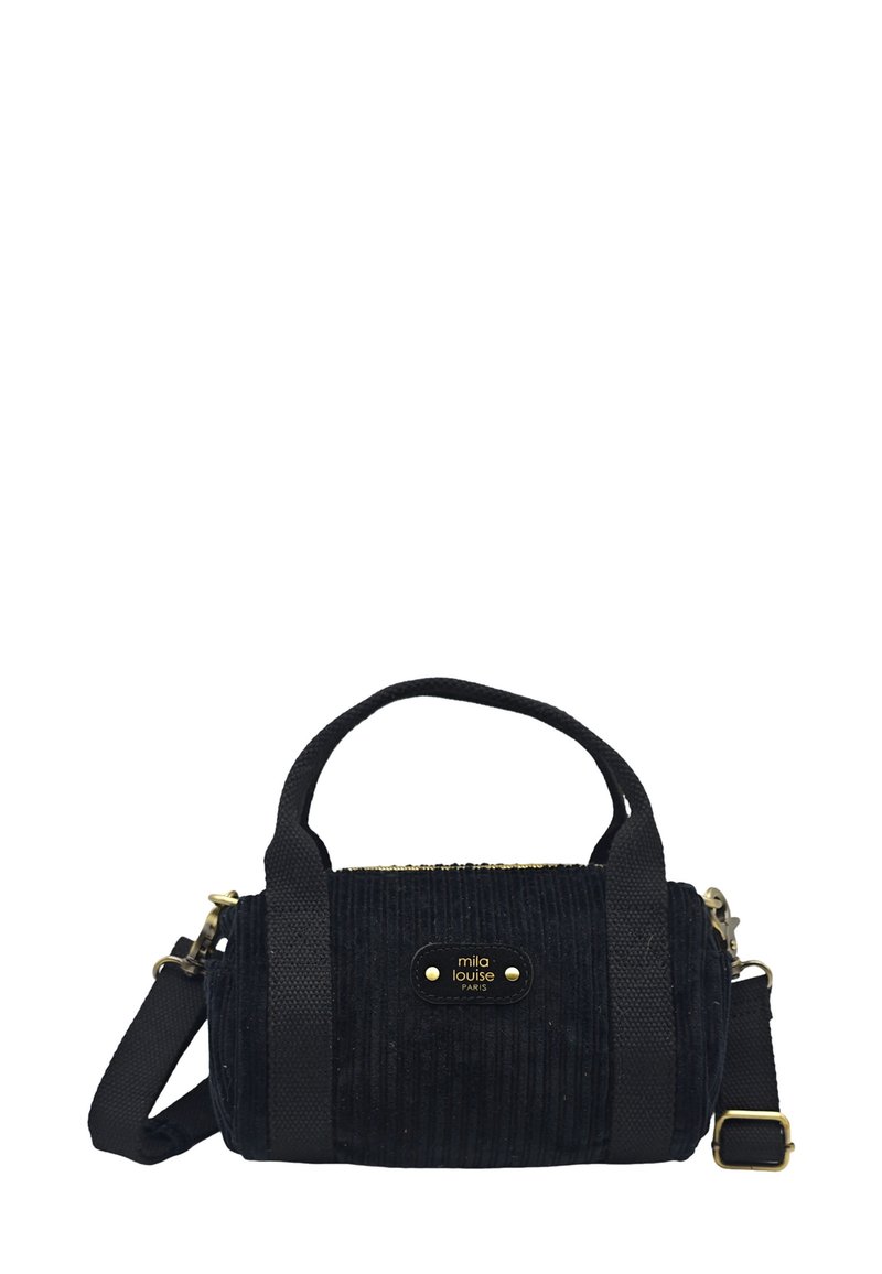 Sac à main en velours côtelé noir avec double poignées, bandoulière détachable, quincaillerie dorée et surface texturée. Comprend une étiquette de marque.
