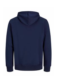 Marineblauwe hoodie met een kangoeroezak, ribbelboorden en -zoom, en een trekkoord kap. Glad textuur, casual ontwerp.