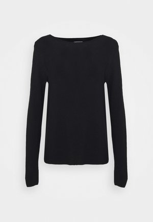 Maglione a maniche lunghe nero con collo a giro, con orlo dritto, esposto su uno sfondo bianco semplice.