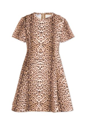 Sukienka o krótkim rękawie długości do kolan z brązowo-beżowym wzorem w cętki lamparta, dopasowaną talią i okrągłym dekoltem.