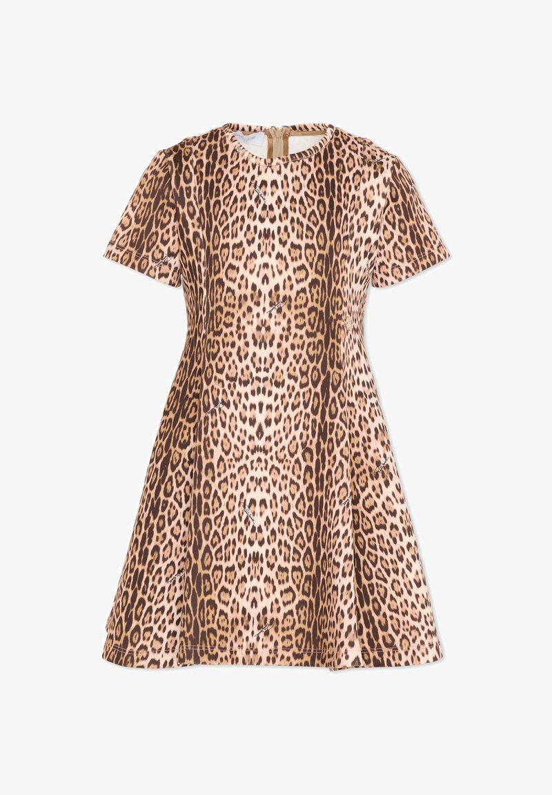 Robe à manches courtes, longueur genoux, imprimé léopard marron et beige, taille ajustée et col rond.