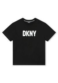 Svart bomull t-shirt med en vit "DKNY" logotyp på framsidan, kortärmad och med en klassisk rundhalsdesign.